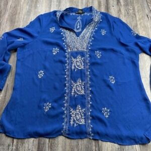 Anne Carson Women's 18 20 Blouse Embroidered Blue Long Sleeve Top